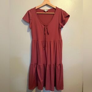 See You Monday Dress Size Large Burnt Red V-Neck Tiered Babydoll Short Sleeve